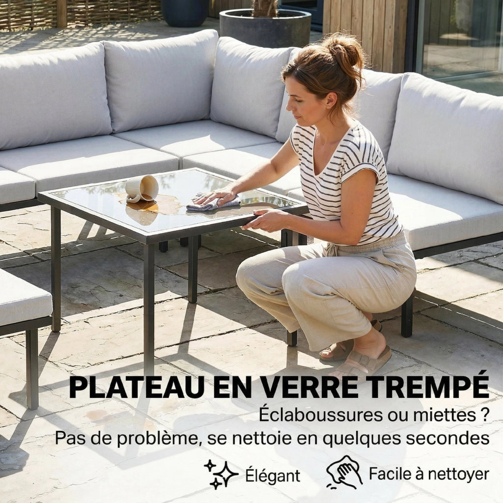 Set da giardino modulare 6 posti con tavolino in vetro ¨C zephmum ¨C grigio chiaro
