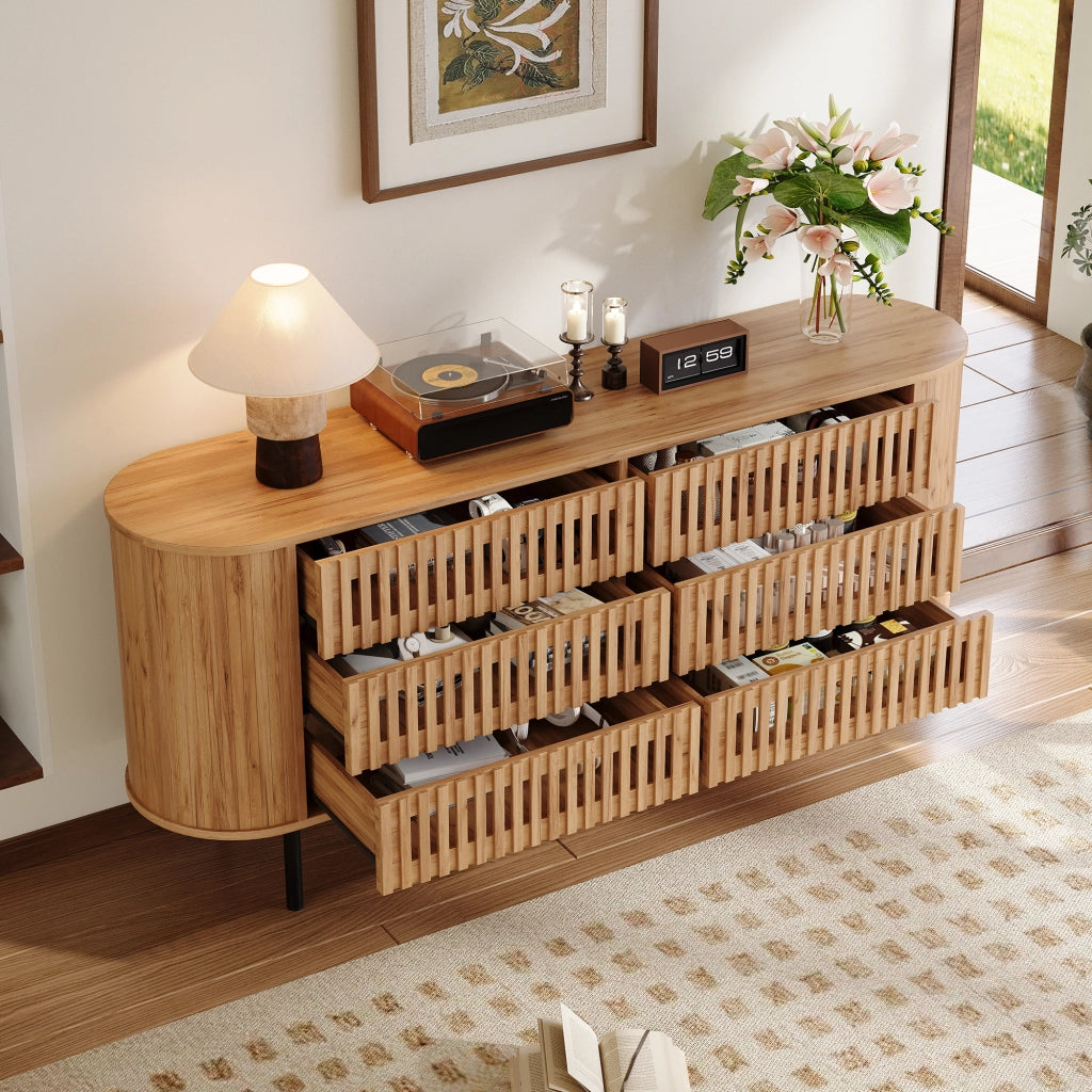 Credenza con 6 cassetti; per soggiorno e ingresso; in MDF; 160x40x70 cm; naturale