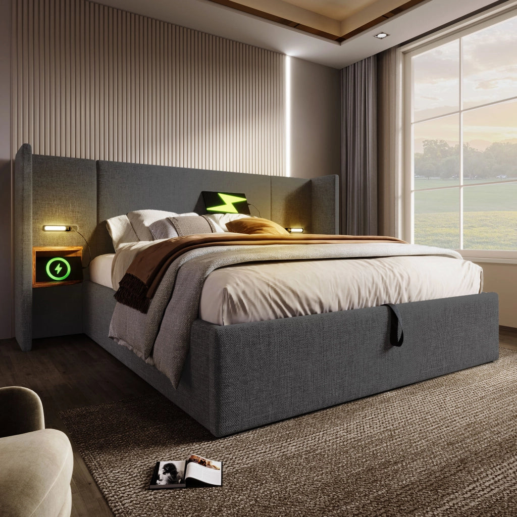 Letto Contenitore 180×200 cm; Letto Matrimoniale con USB; Tipo C e Lampada da Lettura; senza Materasso