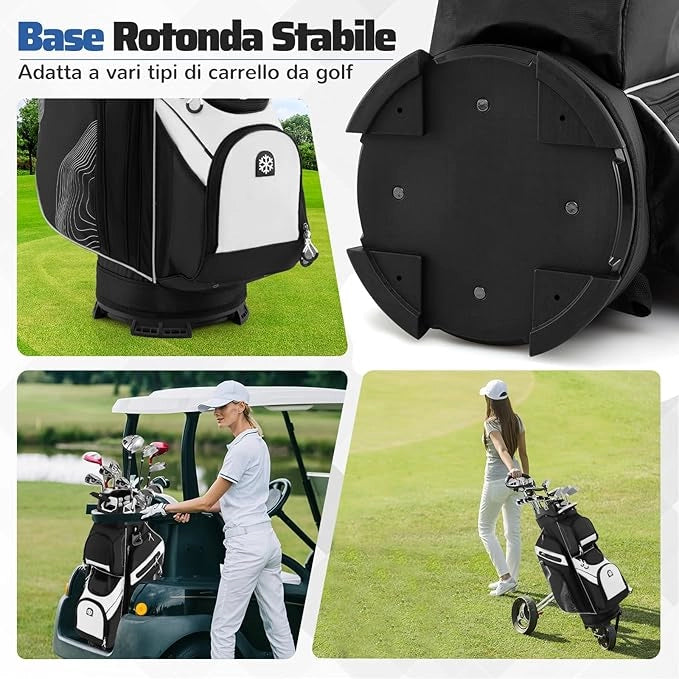 Borsa Carrello da Golf, Sacca da Golf con Serratura e Divisori a 14 Vie, 11 Tasche, Sacca Isolante, Tracolla Imbottita, Maniglie, Porta Ombrello e Cappuccio Antipioggia
