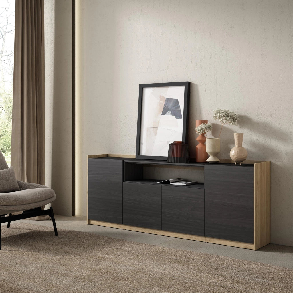 Credenza, Mobile, Cucina, 207x80x37 cm, 4 Porte, grande stoccaggio, Nero e rovere