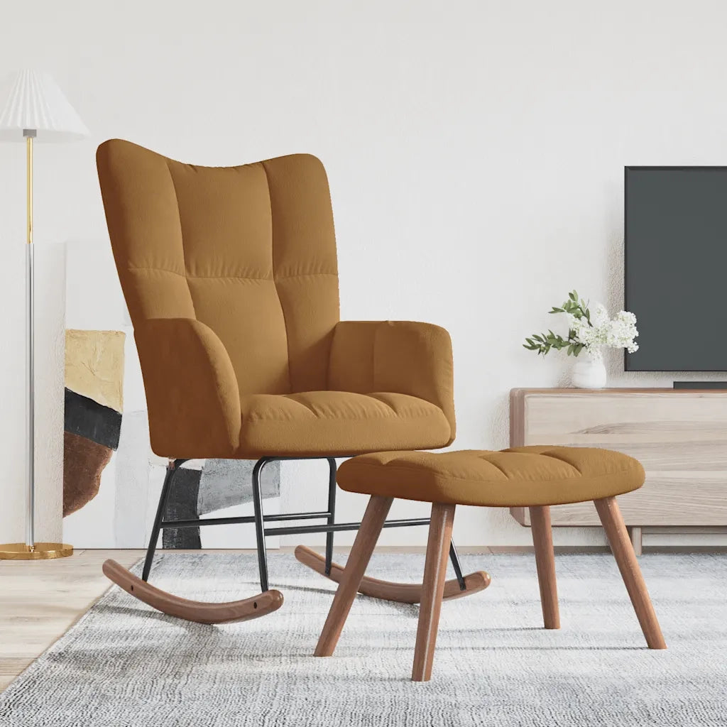 Sedia a dondolo con sgabello in velluto marrone 328158