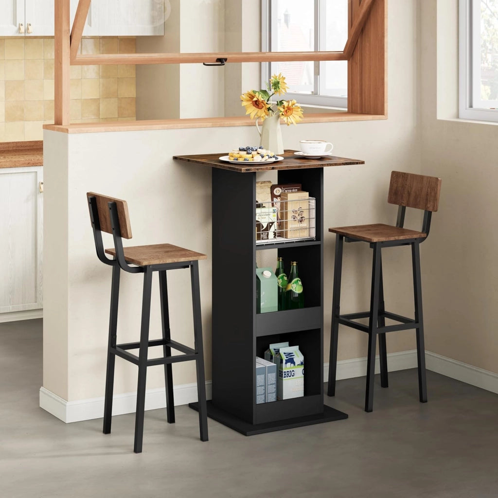 Tavolo da Bar Quadrato, Tavolino Alto e Stretto con 3 Ripiani, Tavolo Alto da Cucina, Sala da Pranzo, Bistrot, in Truciolare, 60x60x109 cm, Marrone Rustico+Nero