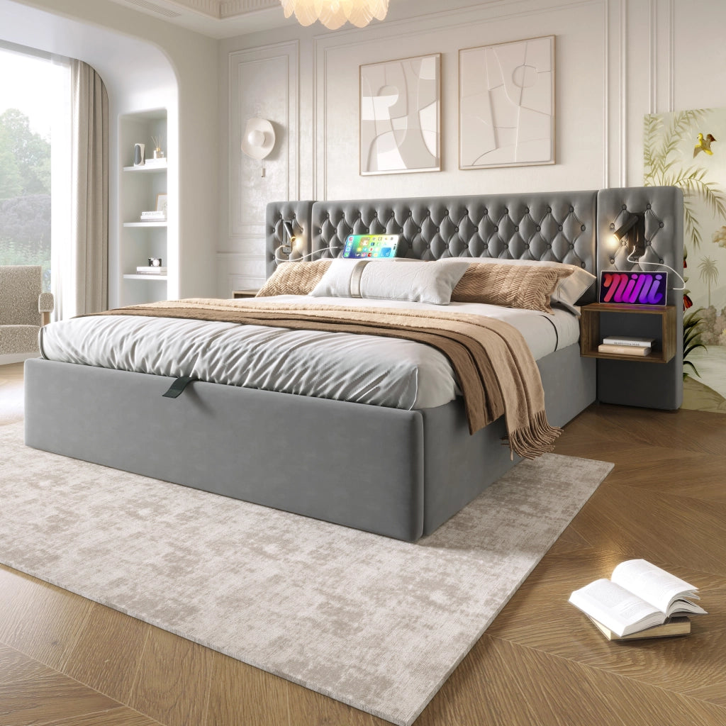 Letti contenitori 160x200 cm con contenitore e testiera con luci USB in velluto grigio (Senza materasso)