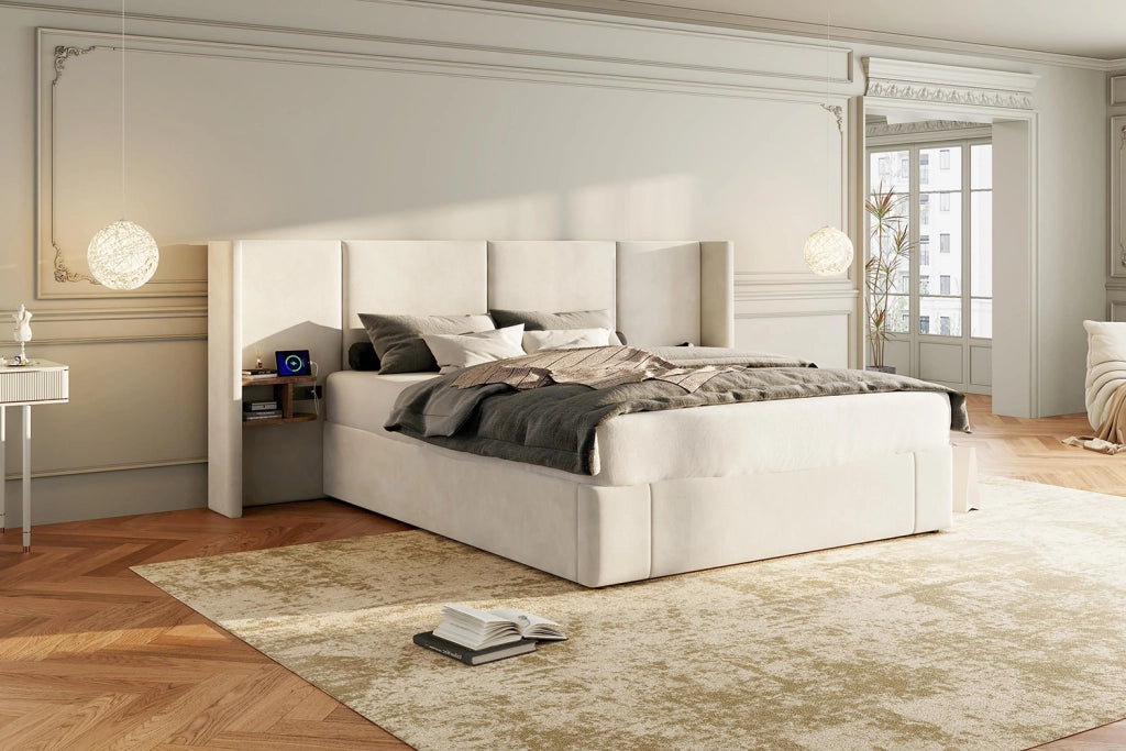 DESMIU Letto contenitore 160 × 200 cm 2 posti con 2 comodini, USB-A e USB-C, senza materasso, velluto beige