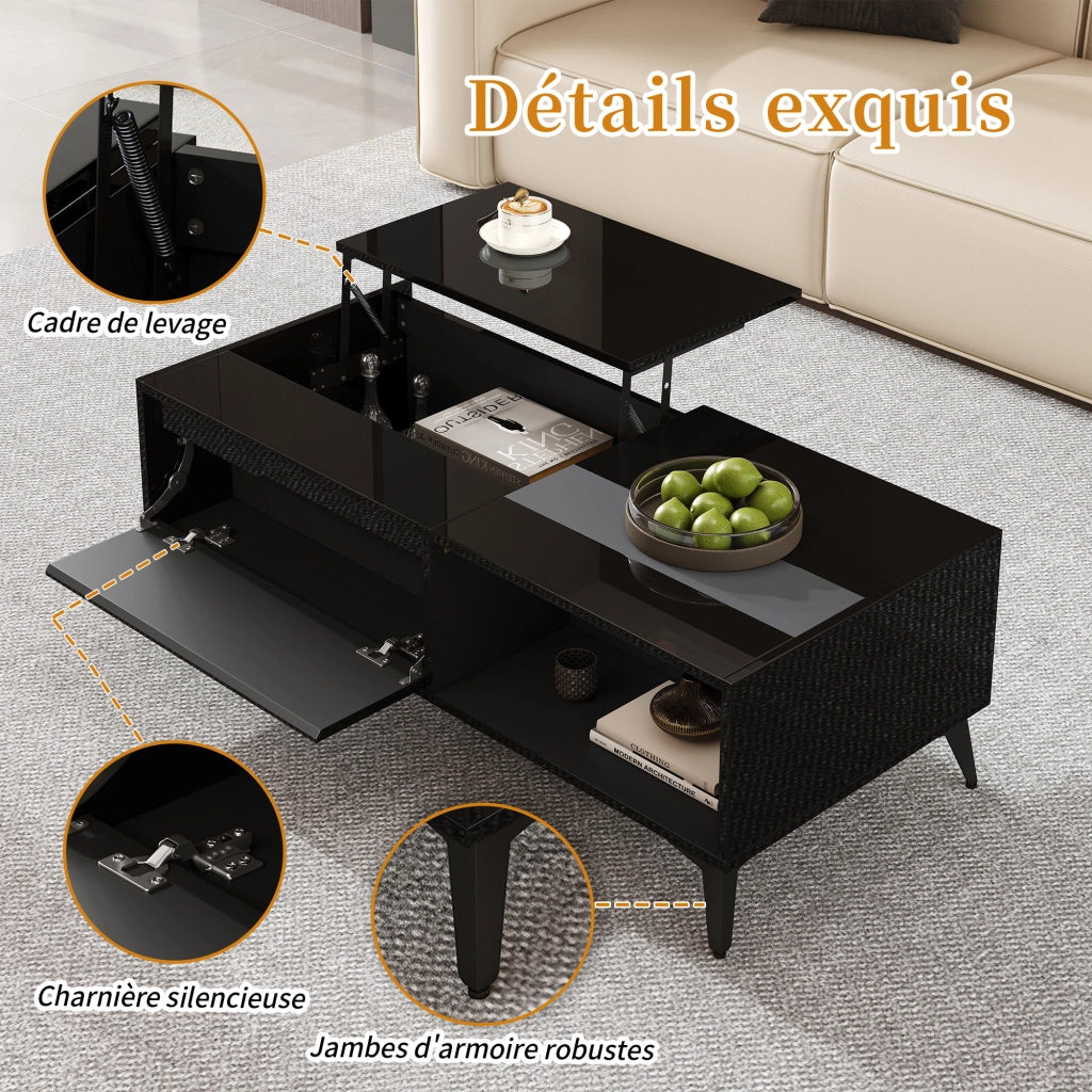 OKWISH Tavolino da Salotto con Piano Sollevabile, Vano Contenitore e Ripiani Aperti, Finitura Lucida, Nero, 110 x 50 x 48 cm