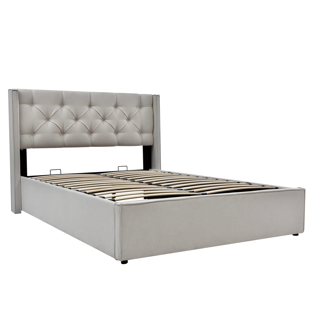 Letto imbottito ULEVR 160x200 cm con contenitore e rete sollevabile, cotone grigio chiaro