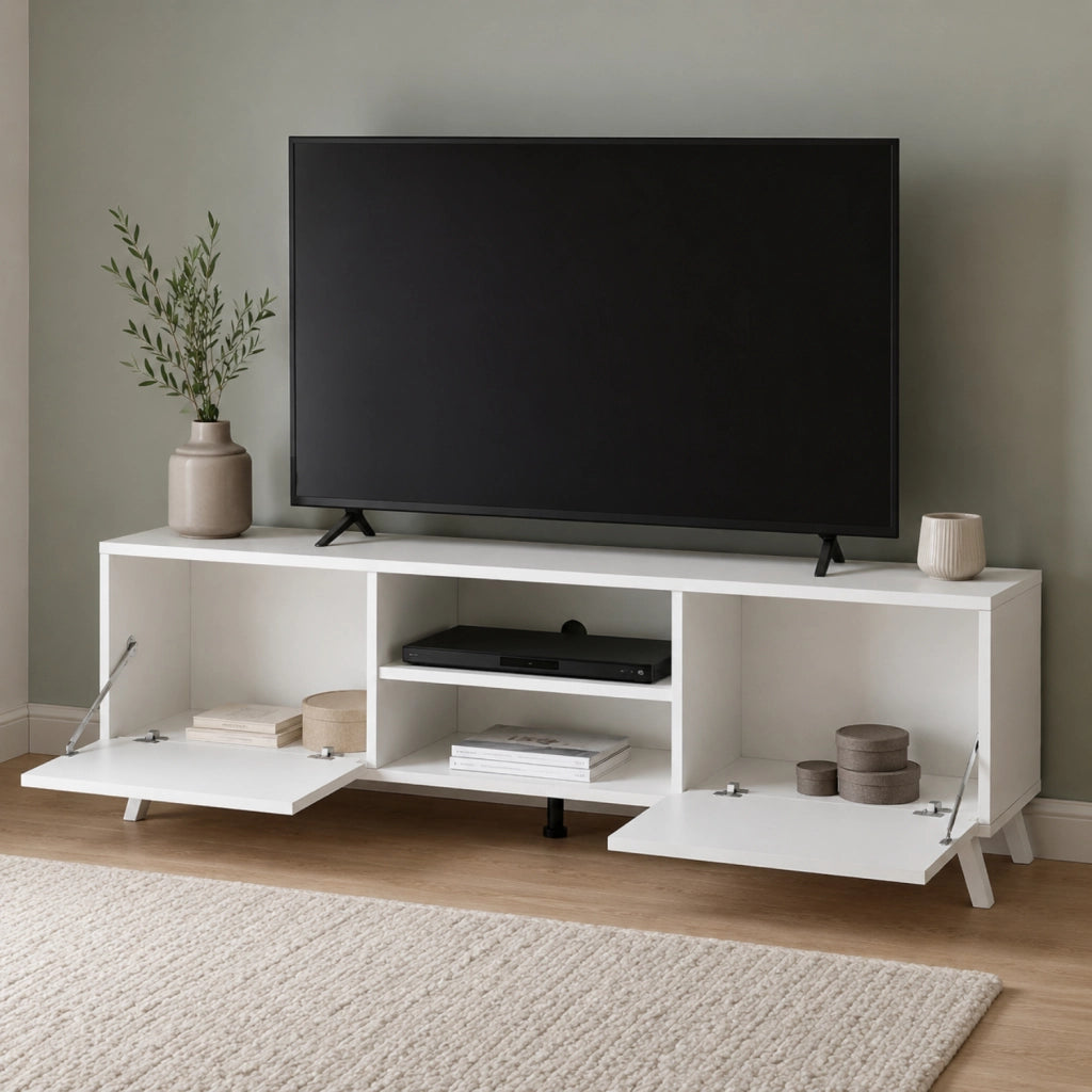 Mobile Porta Televisore Moderno Con 2 Ante Battenti Ripiani Aperti Centrali Design Minimal Per TV Fino A 75 Pollici Zona Living 180 X 39,6 X 49 Cm Bianco