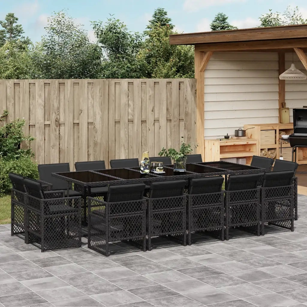 Set da Pranzo da Giardino 15 pz con Cuscini Nero in Polyrattan