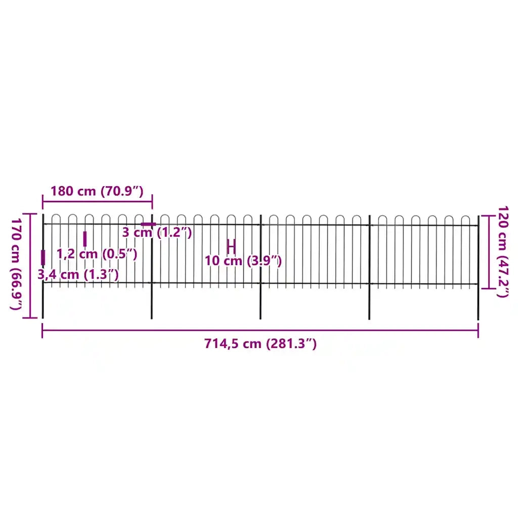 Recinzione da Giardino con Punta Tonda in Acciaio 6,8x1,2m Nera