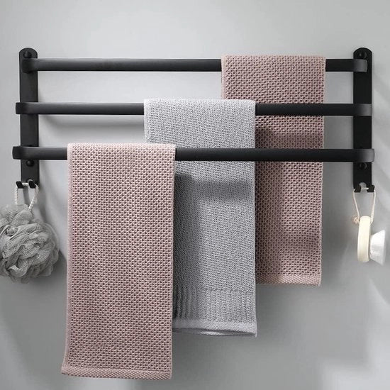 Sostegno per asciugamani da parete a muro 3 livelli con 3 ganci per asciugamani - 60 cm nero - impermeabile all'acqua e resiste alla ruggine - per cucina e bagno