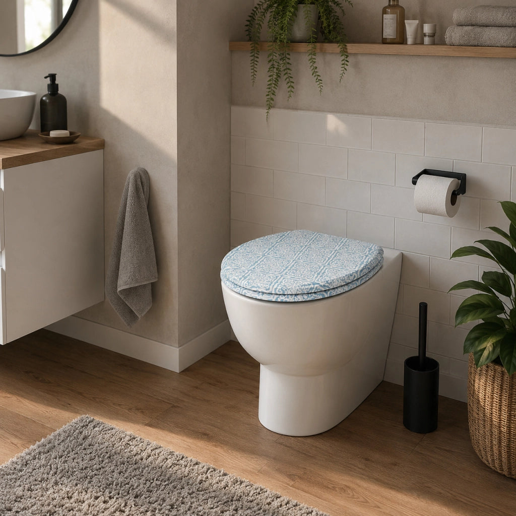 Sedile Copriwater Universale MDF Stampa Maiolica Blu Bianca 43x38 cm 87097