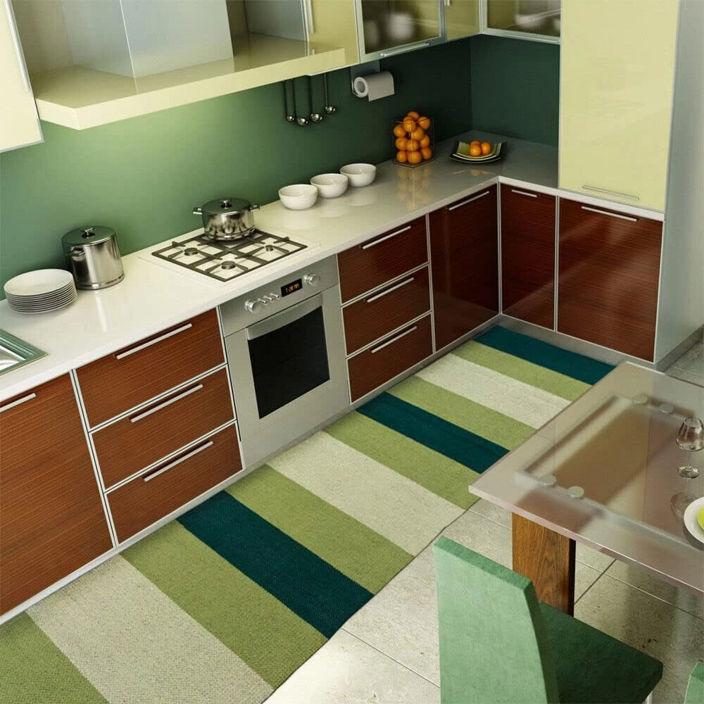 Tappeto Cucina Bagno Puro Cotone Assorbente Intrecciato a Mano Verde 55x280 cm