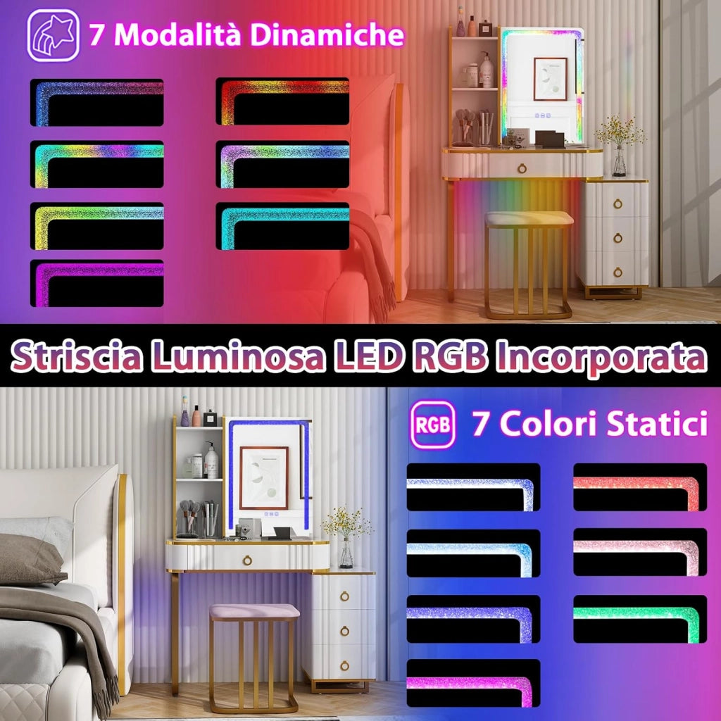 Toeletta da Trucco con Luci, Set Tavolo da Trucco con Sgabello 4 Cassetti, 7 Colori Regolabili di Luce, Porte USB, Telecomando, per Soggiorno Camera da Letto (Bianco)