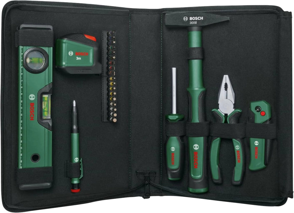 Bosch Set universale di utensili manuali 25 pz. (versatile kit per usi fai-da-te in ambito domestico; coltello ripiegabile; pinze combinate; metro a nastro; livella a bolla; e altro) - Amazon Edition