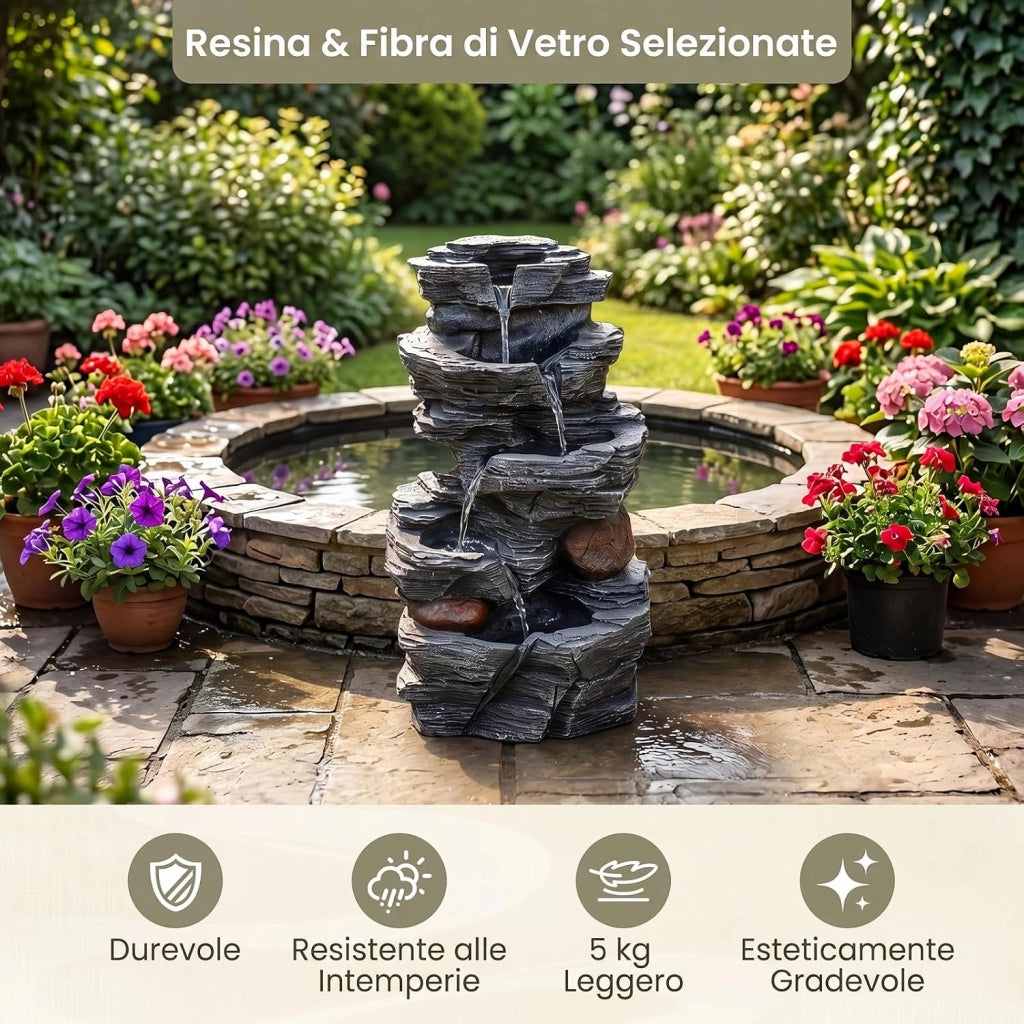 Fontana da Giardino, Fontanella Elettrica da Tavolo con Luci LED | Fontana Cascata in Resina a 5 Livelli con Flusso d'Acqua Regolabile e Pompa, da Interno ed Esterno per Terrazzo e Cortile