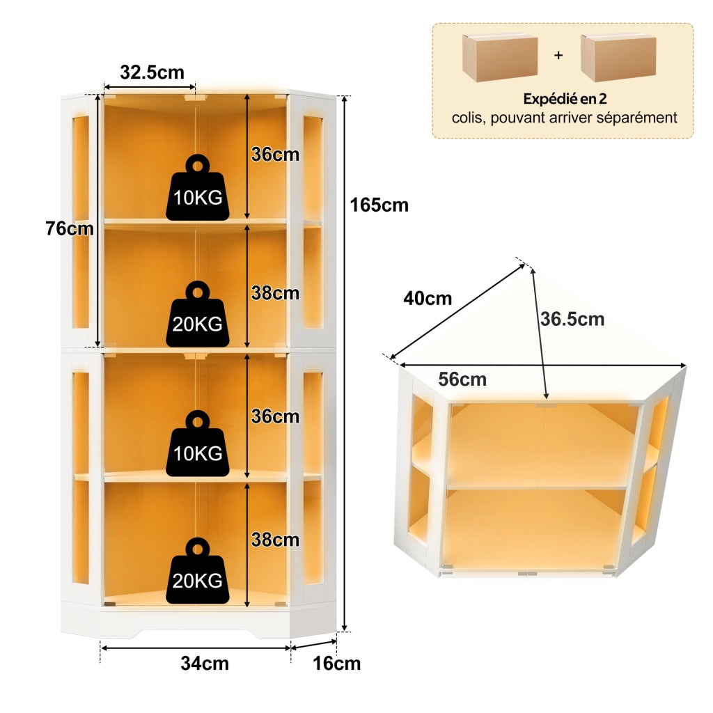 Credenza alta con 4 ante e 2 ripiani regolabili; LED RGB - per cucina - in MDF e vetro - 40×40×165 cm - bianco