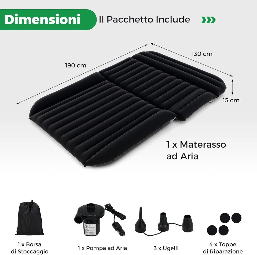 Materasso Gonfiabile per Auto, Letto ad Aria con Pompa Elettrica e Sacca per il Trasporto, Materassino per Campeggio, Picnic e Viaggio su Strada, Portata 150 kg, 190 x 130 cm (Nero)