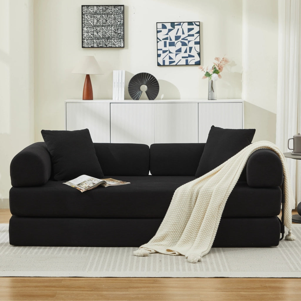 Divano letto trasformabile a 3 posti in velluto a coste nero 200x95x75 cm