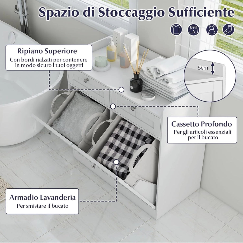 Mobiletto per Biancheria con 2 Cesti Ribaltabili, Mobile da Bagno Indipendente con Ripiano, 2 Cassetti e 2 Sacchi Porta Biancheria Rimovibili, Armadietto in Legno per Bucato (79 x 40 x 80 cm)