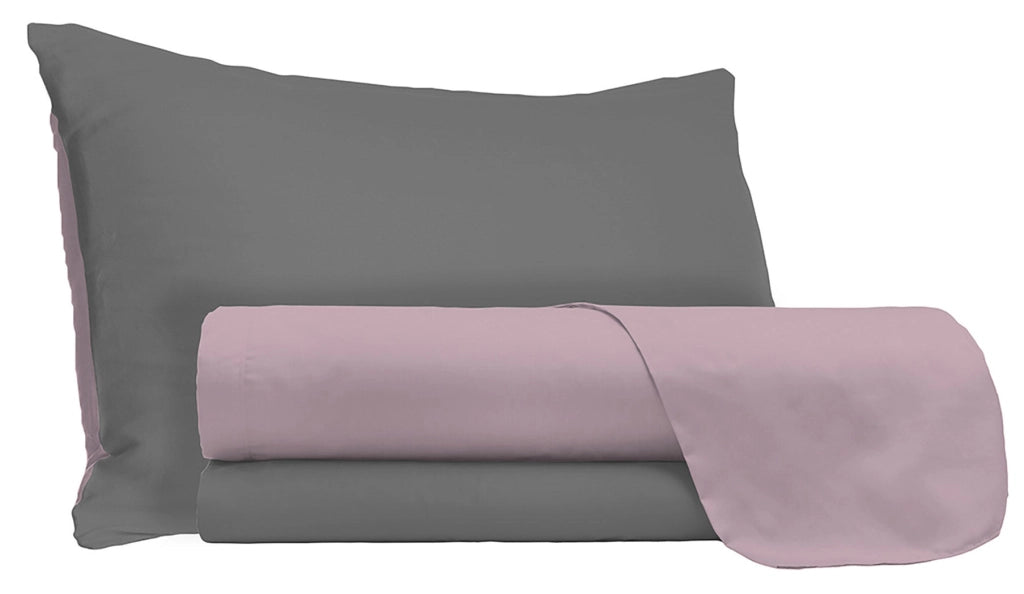 Set Lenzuola Matrimoniale Sopra Sotto e Federe Doubleface Rosa Antico/Fumo
