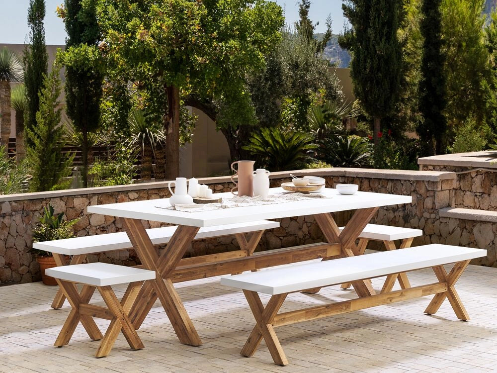 Set da esterno con tavolo in cemento grigio 2 panche 2 sgabelli stile moderno industriale