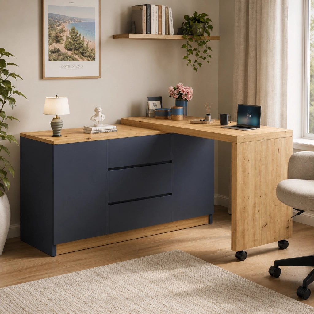 Scrivania girevole e pieghevole 120x50x76.5 cm con 2 porte e 3 cassetti in truciolato grigio e naturale