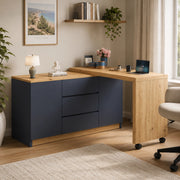 Scrivania girevole e pieghevole 120x50x76.5 cm con 2 porte e 3 cassetti in truciolato grigio e naturale