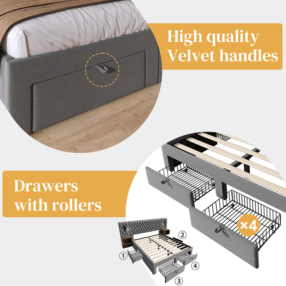 Letto con contenitore - Xylo - 160x200 cm - Grigio - 2 comodini, 4 cassetti, USB