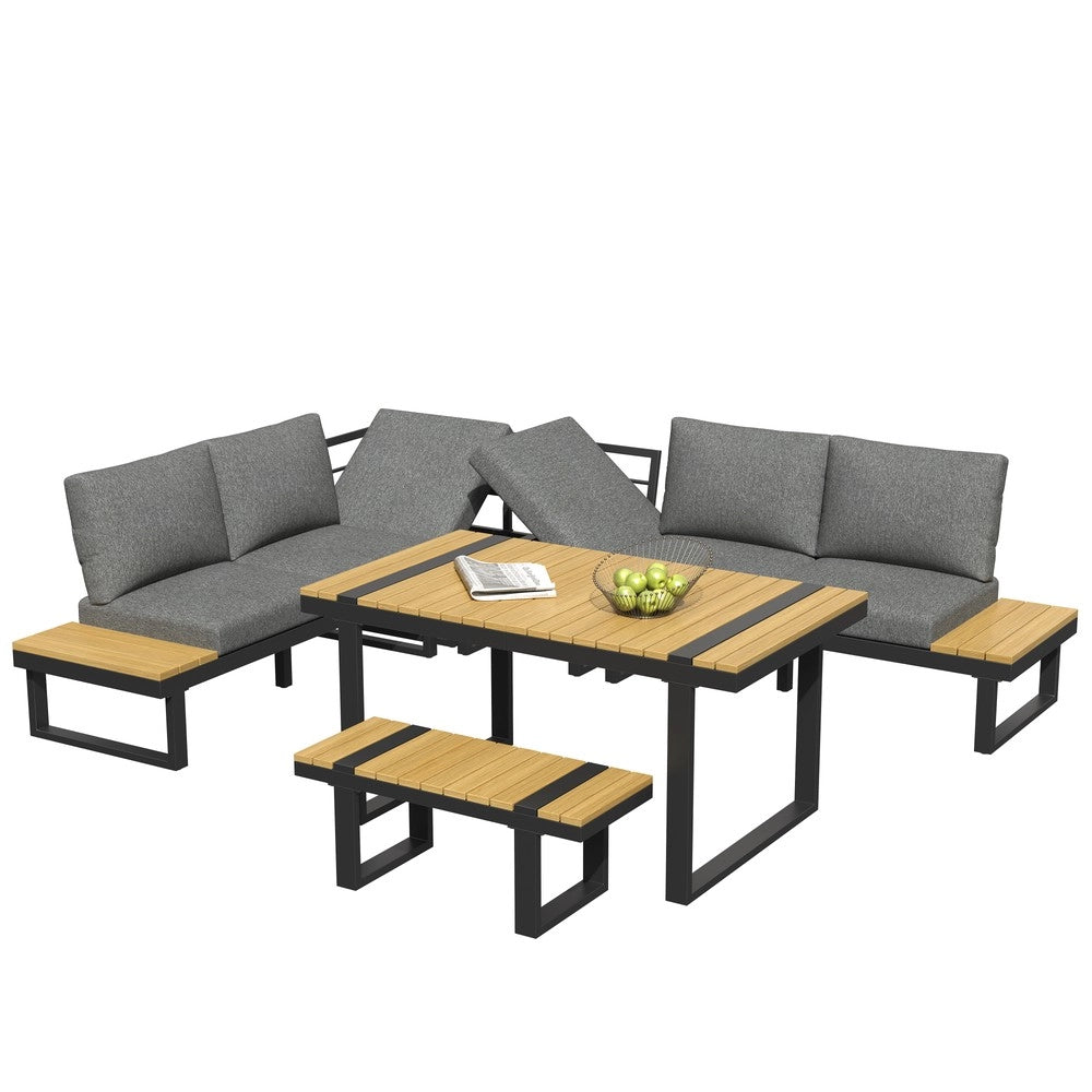 Set da giardino angolare - Zephmum- Grigio e nero, tavolo in legno composito, seduta regolabile