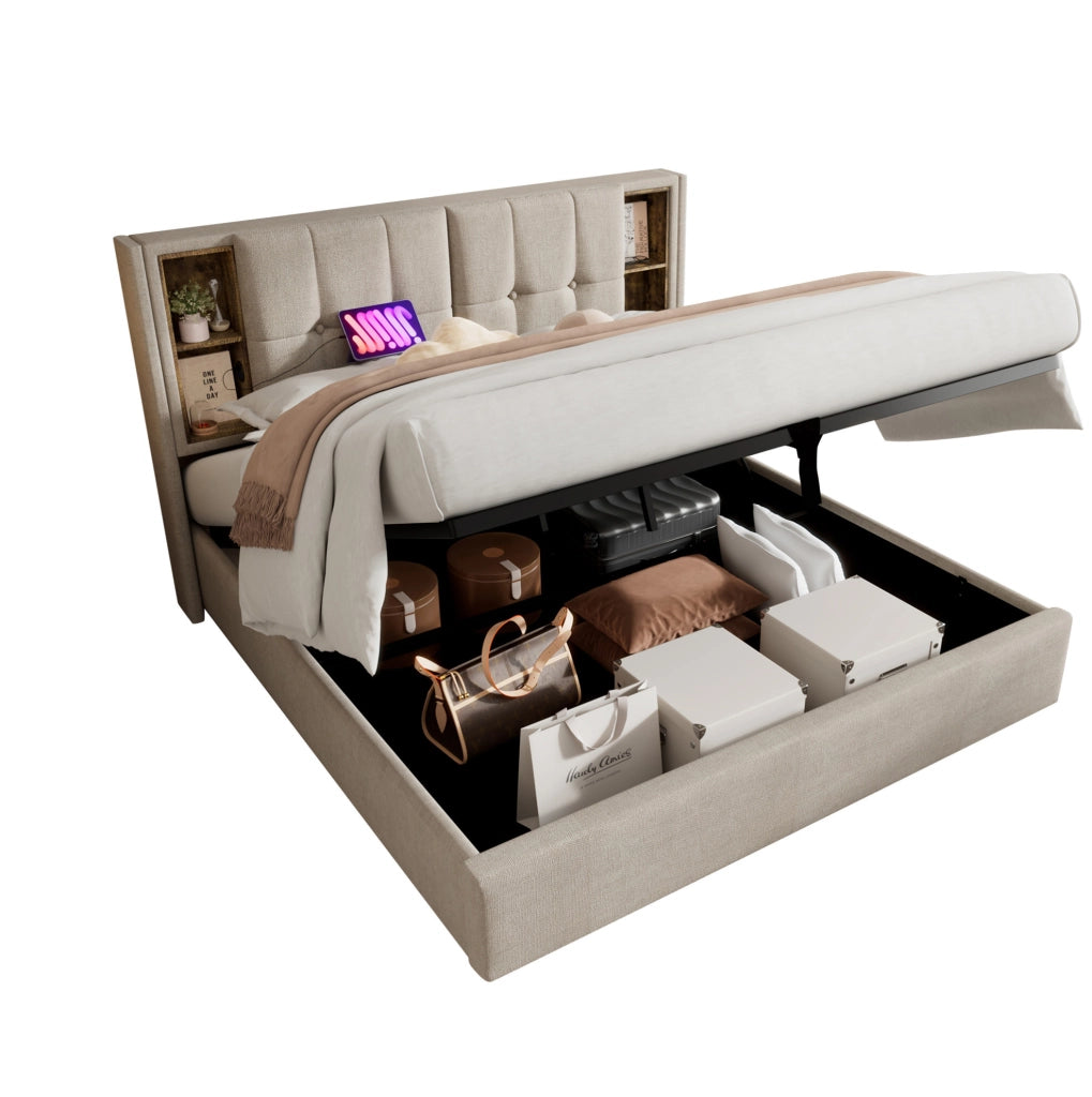 Letto imbottito 160x200 cm in lino naturale con ricarica wireless; USB e contenitore