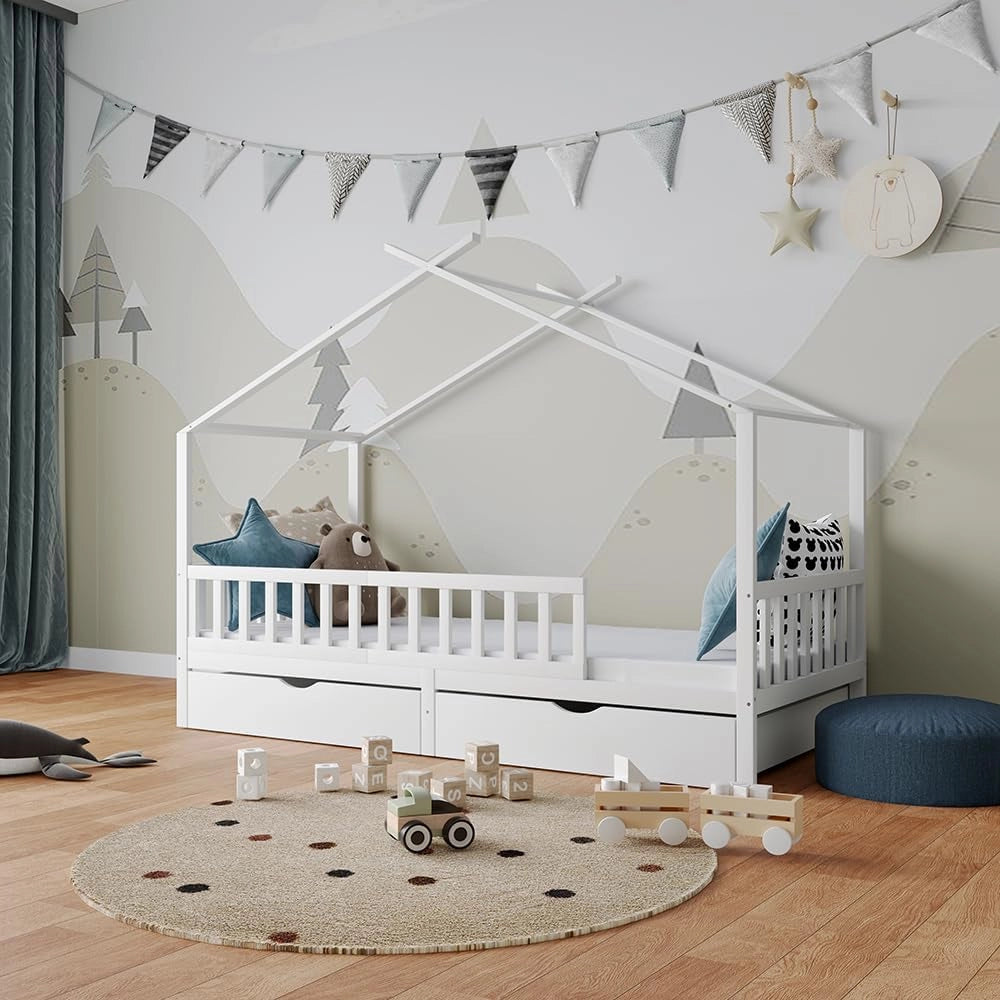 Letto montessori bambini Franka, Bianco, 90x200 cm con 2 cassetti e materasso, adatto per materassi fino a 90x200 cm e combinabile
