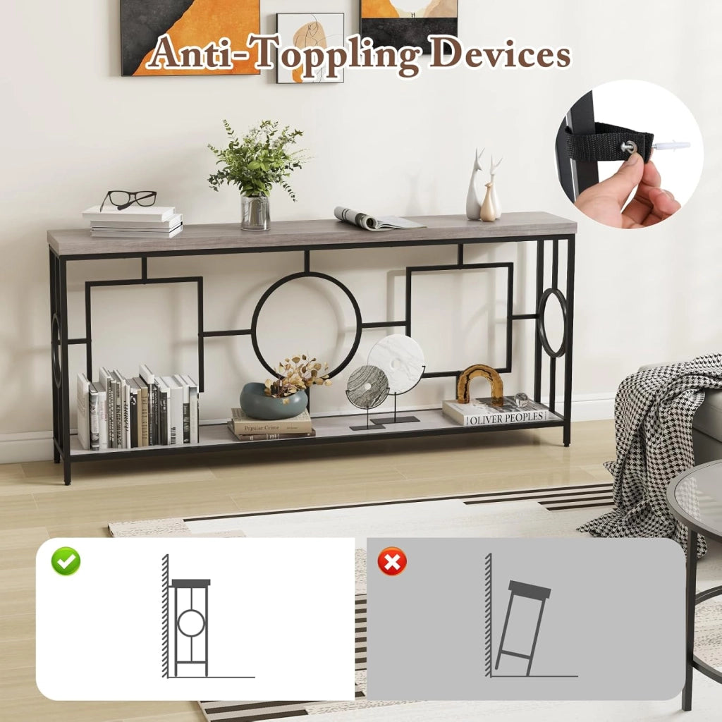 Tavolo Consolle Ingresso a 2 Livelli, Mobile Ingresso con Ripiano di Stoccaggio e Cornice Geometrica, Realizzato Sintetico di Alta Qualità, per Corridoi e Ingressi, Dimensioni 180 x 30 x 80 cm