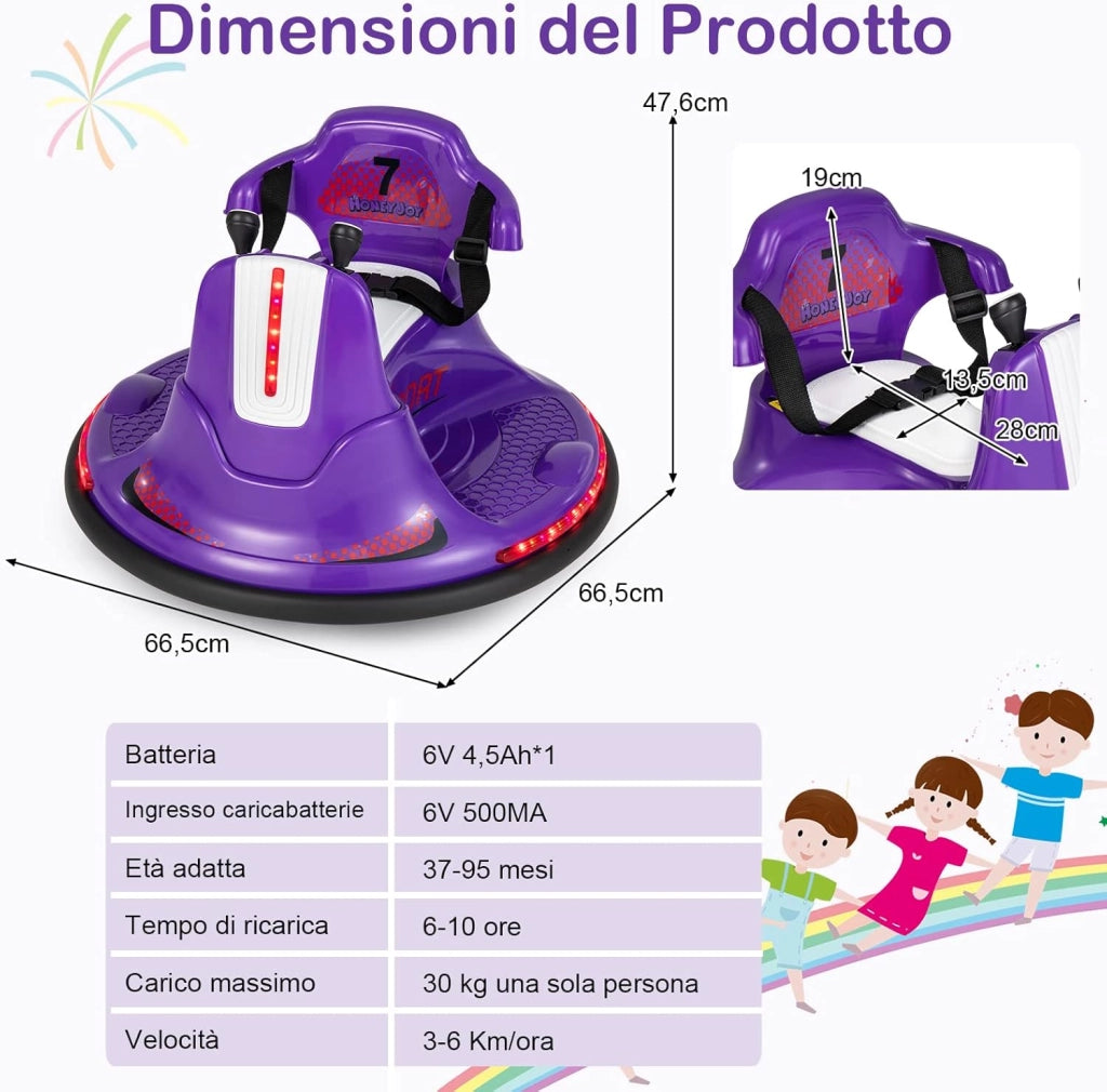 6V Autoscontro Elettrico per Bambini, Veicolo Elettrico con Telecomando, Girevole a 360°, Luci LED Colorate e Cintura di Sicurezza Regolabile, 37-95 Mesi (Viola)