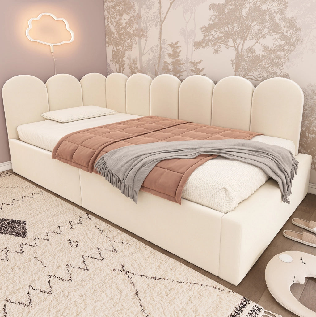 Letto giorno 90x190 cm con contenitore idraulico; velluto beige (Senza materasso)