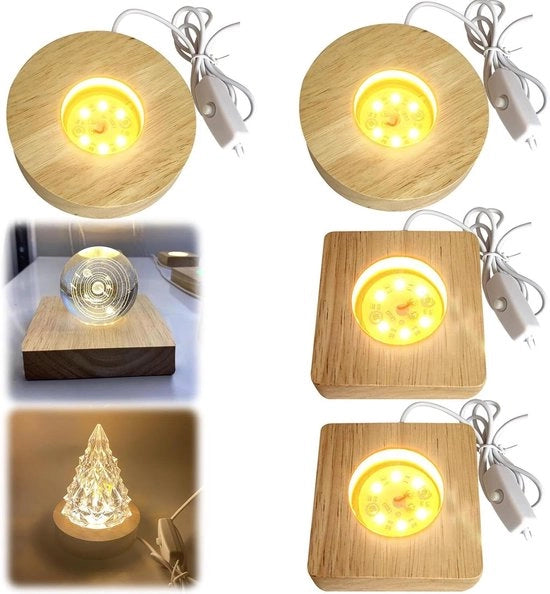 Supporto in legno per lampada LED 4 pezzi - Base di esposizione per display LED - Piastra di illuminazione LED per DIY - Pedana illuminata in legno per display - Pedana LED illuminata con alimentazione USB - Illuminazione in cristallo e acrilico