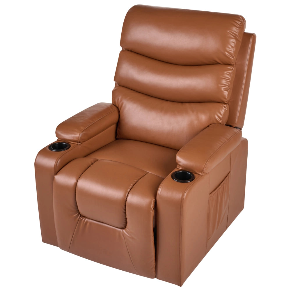 Poltrona reclinabile elettrica in ecopelle marrone monoposto con poggiapiedi e funzione di sollevamento design moderno relax