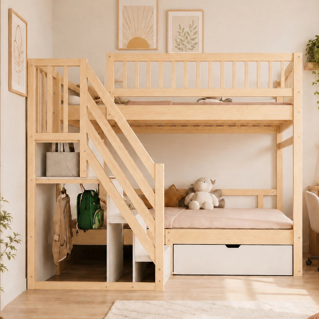 LETTO a castello 140x200 cm in legno con scala contenitore e cassetti