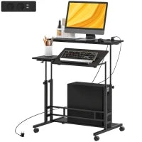 Scrivania con Altezza Regolabile, con Ruote, Prese e Porte USB, 80x60 cm, Nero