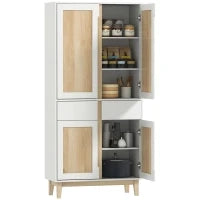 Credenza da cucina alta  con 4 ante, 2 cassetti e mensole regolabili, 80x35x170cm, Bianco e quercia