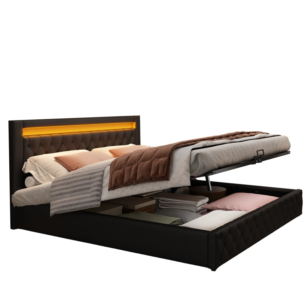 Letto imbottito 140x200 cm con contenitore e LED; in PU nero