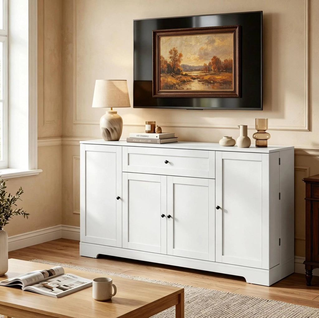 Buffet bianco 140 cm con 4 porte, cassetto ampio e ripiani regolabili