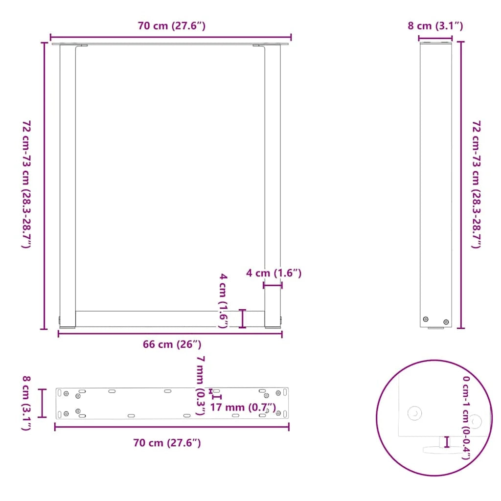 Set di 2 gambe per tavolo da pranzo a forma di U 70 x 72-73 cm design moderno con piedini regolabili acciaio naturale 02_0057427
