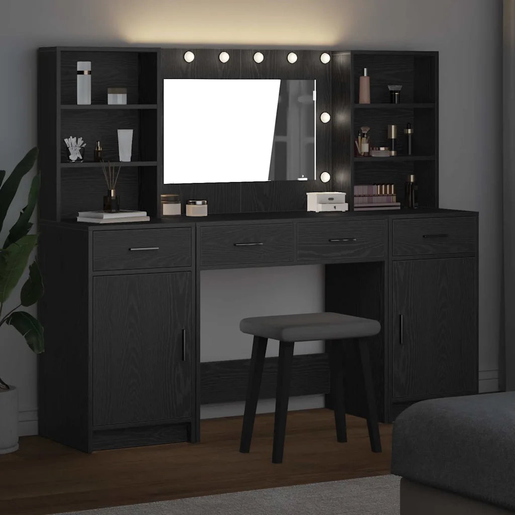 Set da Toeletta | Tavolo da Trucco con LED con cassetto 3 pz Rovere Nero