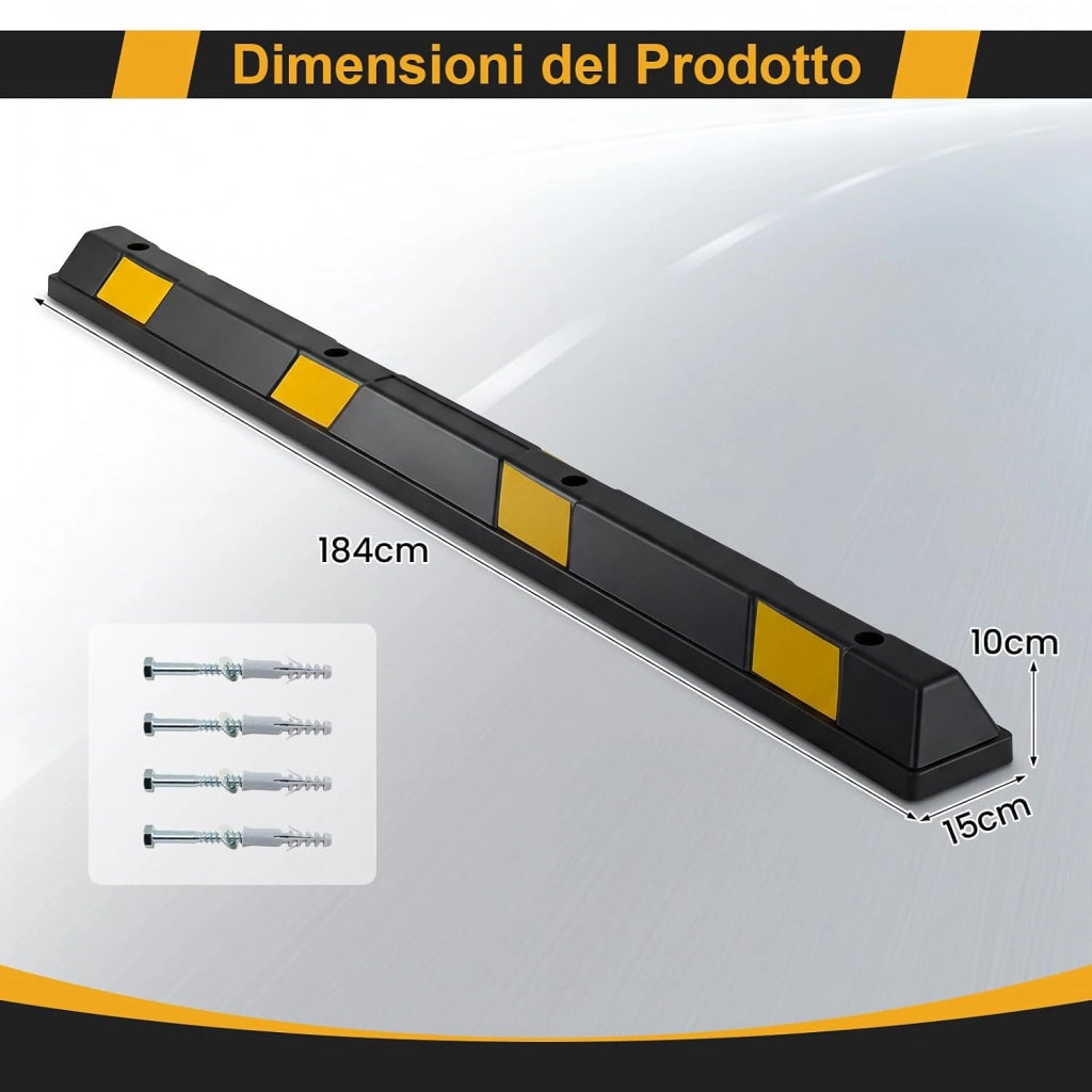 Ferma Ruota Garage in Gomma, Limitatore Blocco Parcheggio con Strisce Riflettenti e Antiscivolo, per Auto, Camper, Camion, Capacità di Carico di 3 Ton, 184 x 15 x 10 cm