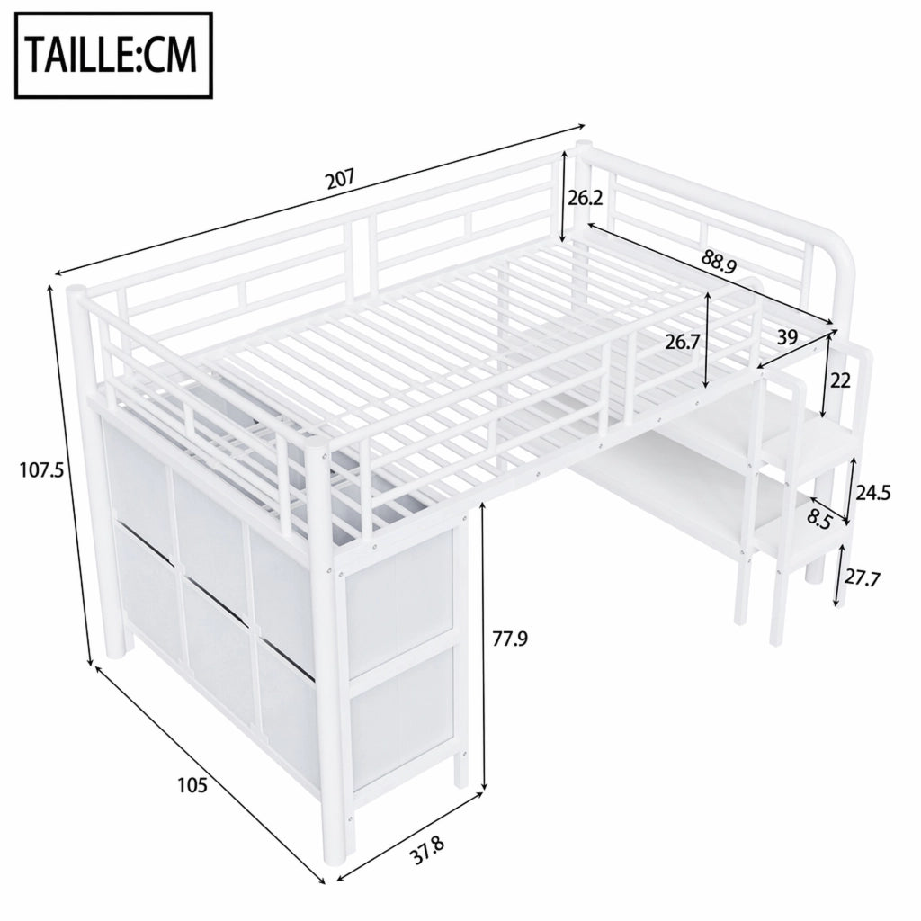 DESMIU Letto a soppalco basso per bambini 1 posto con scala larga, cassetti e ripiani, 90 × 200 cm, senza materasso