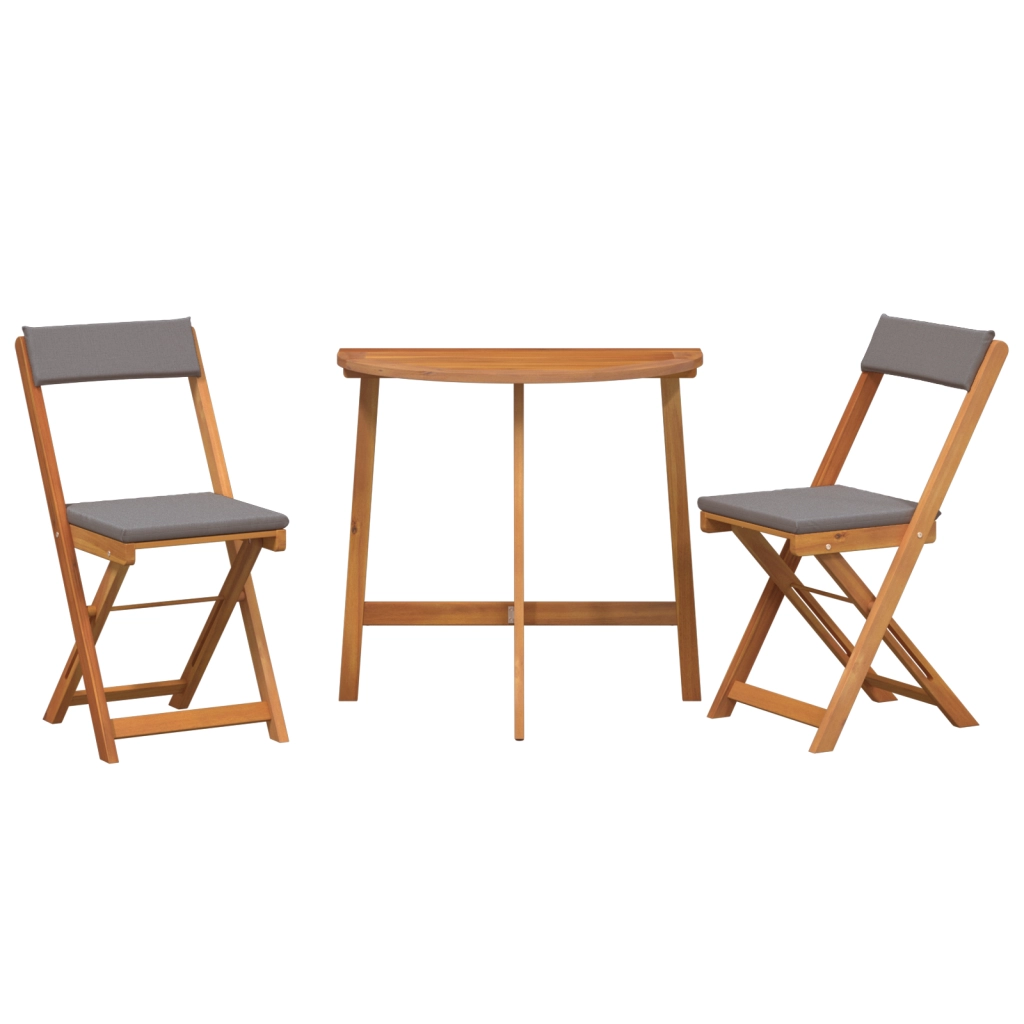 Set Bistro Pieghevole da 3 Pz con Cuscini in Legno Solido di Acacia