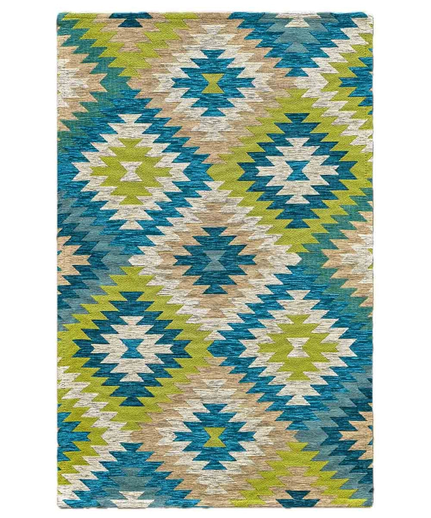 Passatoia moderna AVANA VERDE BLU contemporaneo geometrico etnico kilim, tappetino multiuso lavabile anti-scivolo cm.55x80