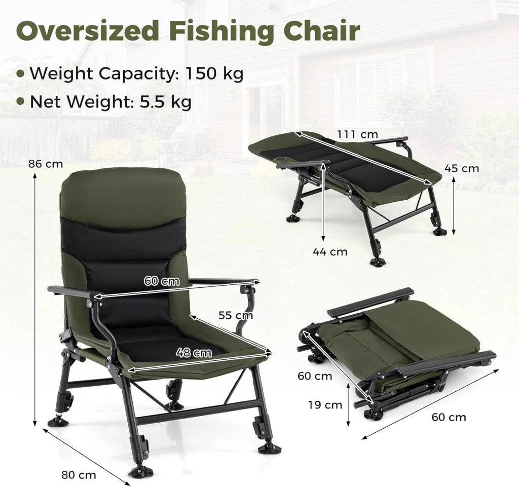 Sedia da pesca pieghevole, sedia a sdraio imbottita con schienale regolabile fino a 180° e gambe sollevabili, carico fino a 150 kg, sedia portatile per campeggio, giardino
