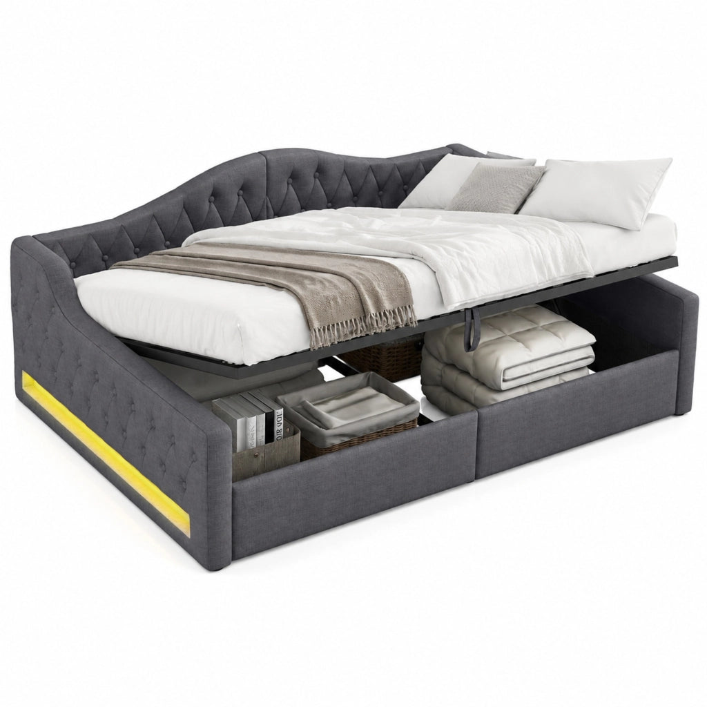Letto da giorno imbottito 140x200 cm grigio con LED, contenitore e struttura in MDF e compensato